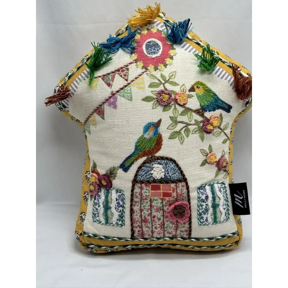 Milli Home Birdhouse Boho Applique Throw Pillow Tassels Multi-color NWOT COTTAGE